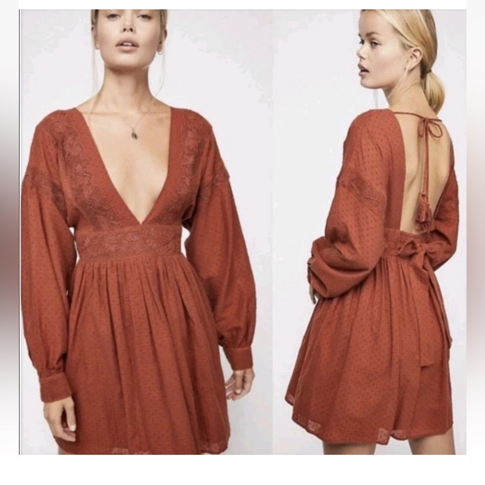 Free People Sugarpie Crochet Mini Dress Deep V Smocked Tie Waist Cinnamon Large - Picture 1 of 15